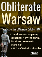 The destruction of Warsaw was Nazi Germany�s razing of the city after the 1944 Warsaw Uprising, carried out as an act of reprisal. German forces destroyed about 80�90% of Warsaw�s buildings, including many major cultural and historical sites. An estimated 200,000 civilians died. After the war, the city was rebuilt based on pre-war plans and historical documents.